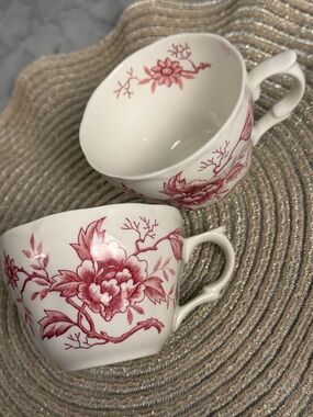 Style House Pink Floral Ironstone Teacups Set of 2 Vintage Japan Red Cottagecore